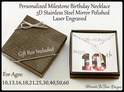 Personalized Milestone Birthday Gift, Stainless Steel Mirror Polished 3D Bar Necklace, Laser Engraved Gift, Ages 10,13,16,18,21,25,30,40,50,60